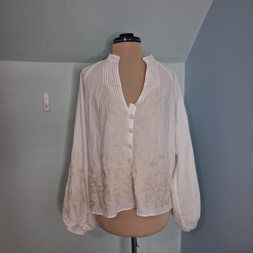 Zara Womens Top White Embroidered Cotton Balloon Sleeve Boho Beachy cottage sz s